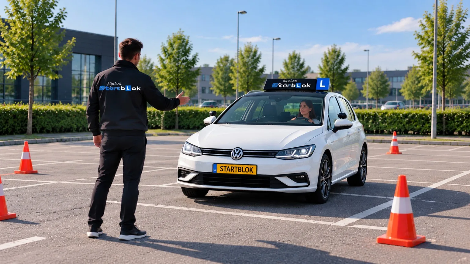 Rijinstructeur begeleidt een leerling bij bijzondere manoeuvres met de Startblok-lesauto