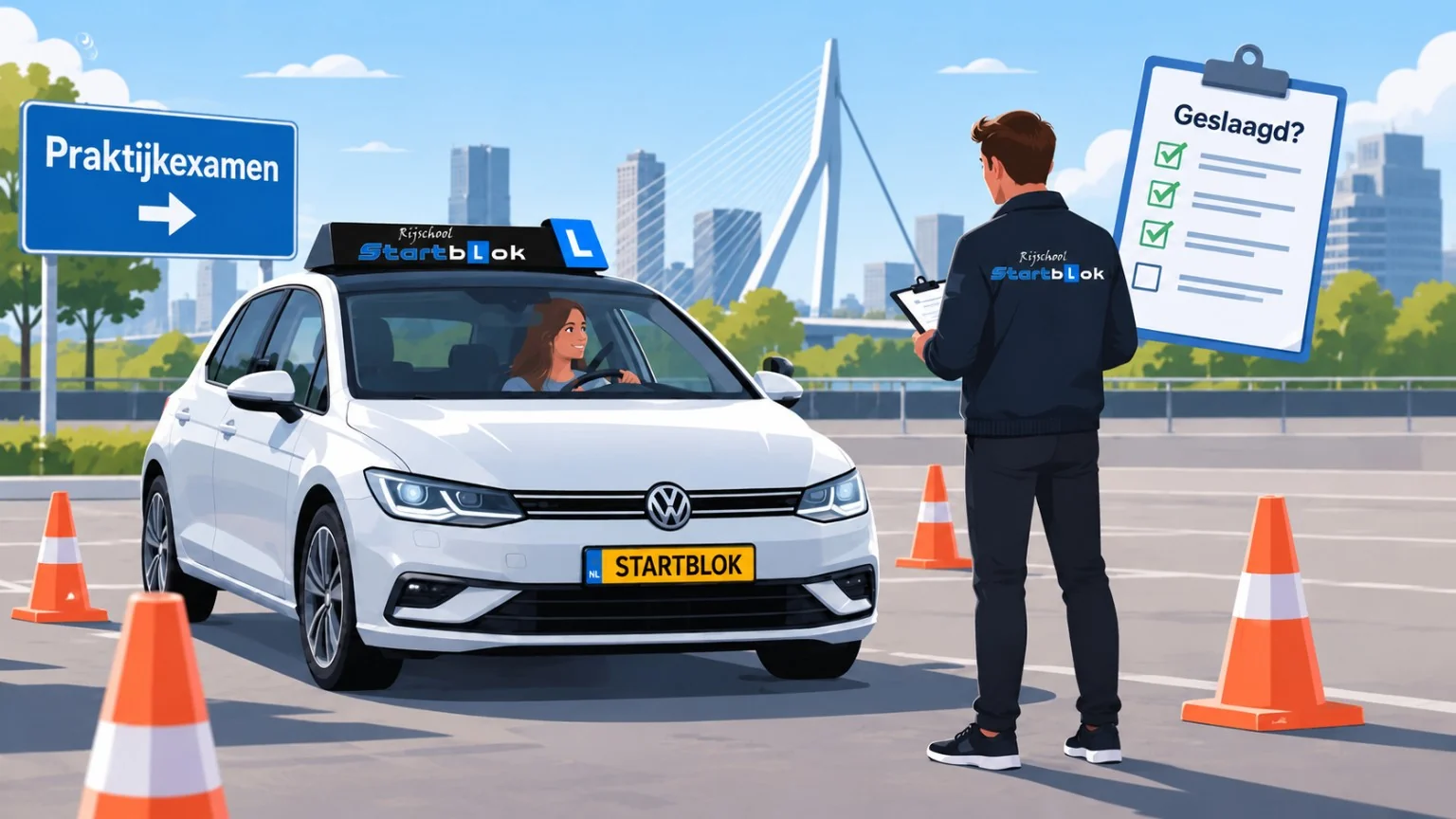 Illustratie van een leerling en instructeur bij de voorbereiding op het praktijkexamen