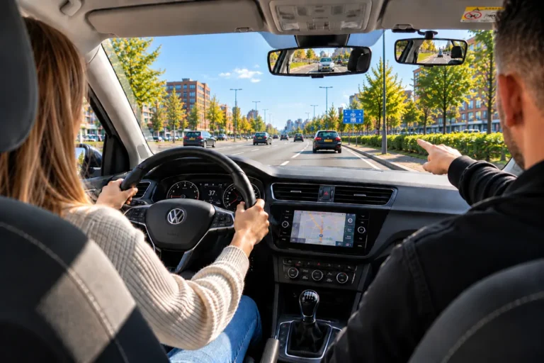 Leerling achter het stuur met een rijinstructeur die de verkeerssituatie uitlegt