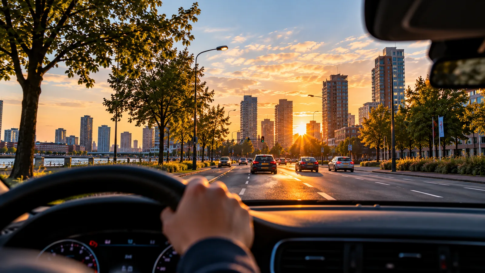Uitzicht vanuit een auto tijdens een rijles bij zonsondergang – Rijschool Startblok Rotterdam.