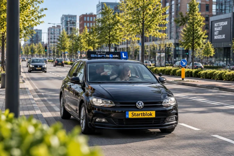 Startblok-lesauto met rijinstructeur en leerling tijdens een rijles in Rotterdam