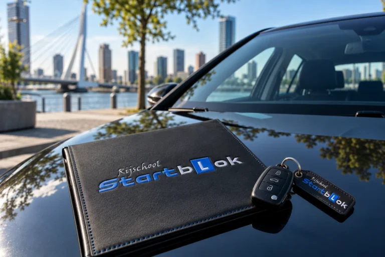 Startblok-map en autosleutel op de lesauto met Rotterdam en de Erasmusbrug op de achtergrond