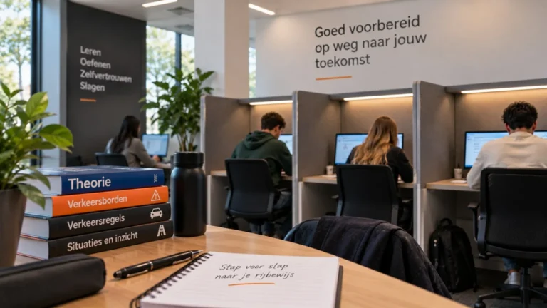 Theorieboeken en leerlingen die verkeersregels en verkeersinzicht oefenen