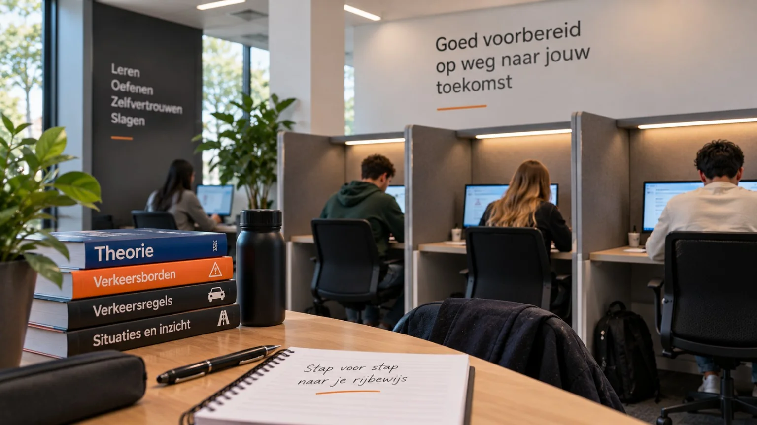 Theorieboeken en leerlingen die verkeersregels en verkeersinzicht oefenen